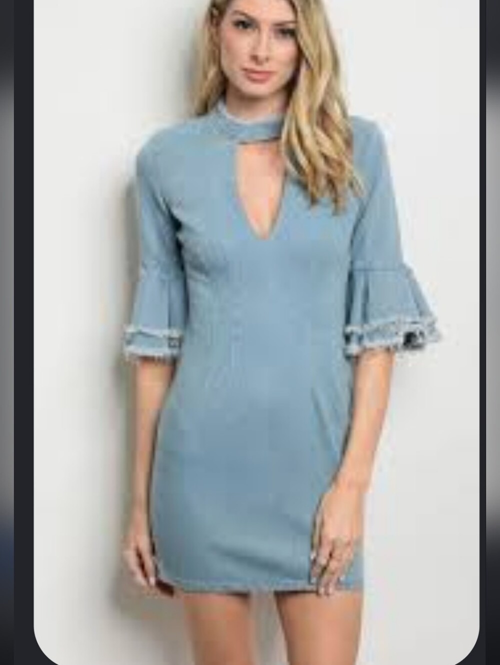 Banjul Light Blue Demin Mini Dress w/distressed Layered Trim Sleeve Sz. S Deep V